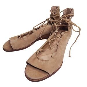 Vince Camuto Rochela Gladiator Wedge 7 Suede Leather Lace Up Tan Beige Low Heels